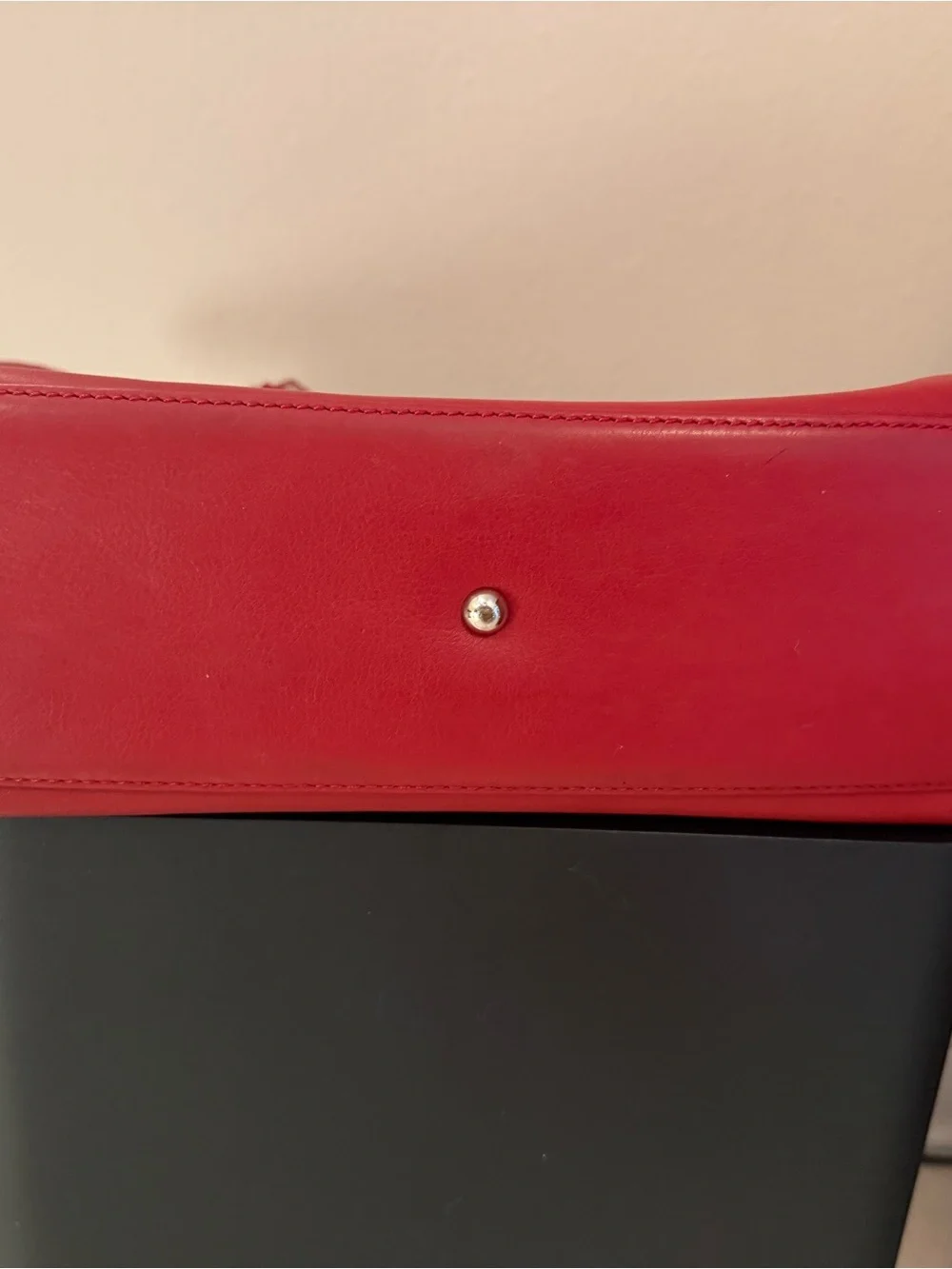 Women’s Red Leather Tote with Belt Accent, pockets and laptop slot